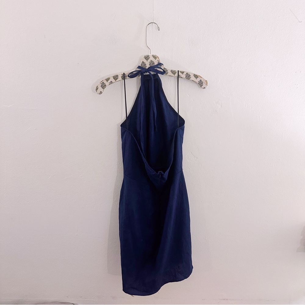 Reformation The Dory Dress Linen Faux Wrap Navy Blue Mini Halter NWT - Picture 3 of 10